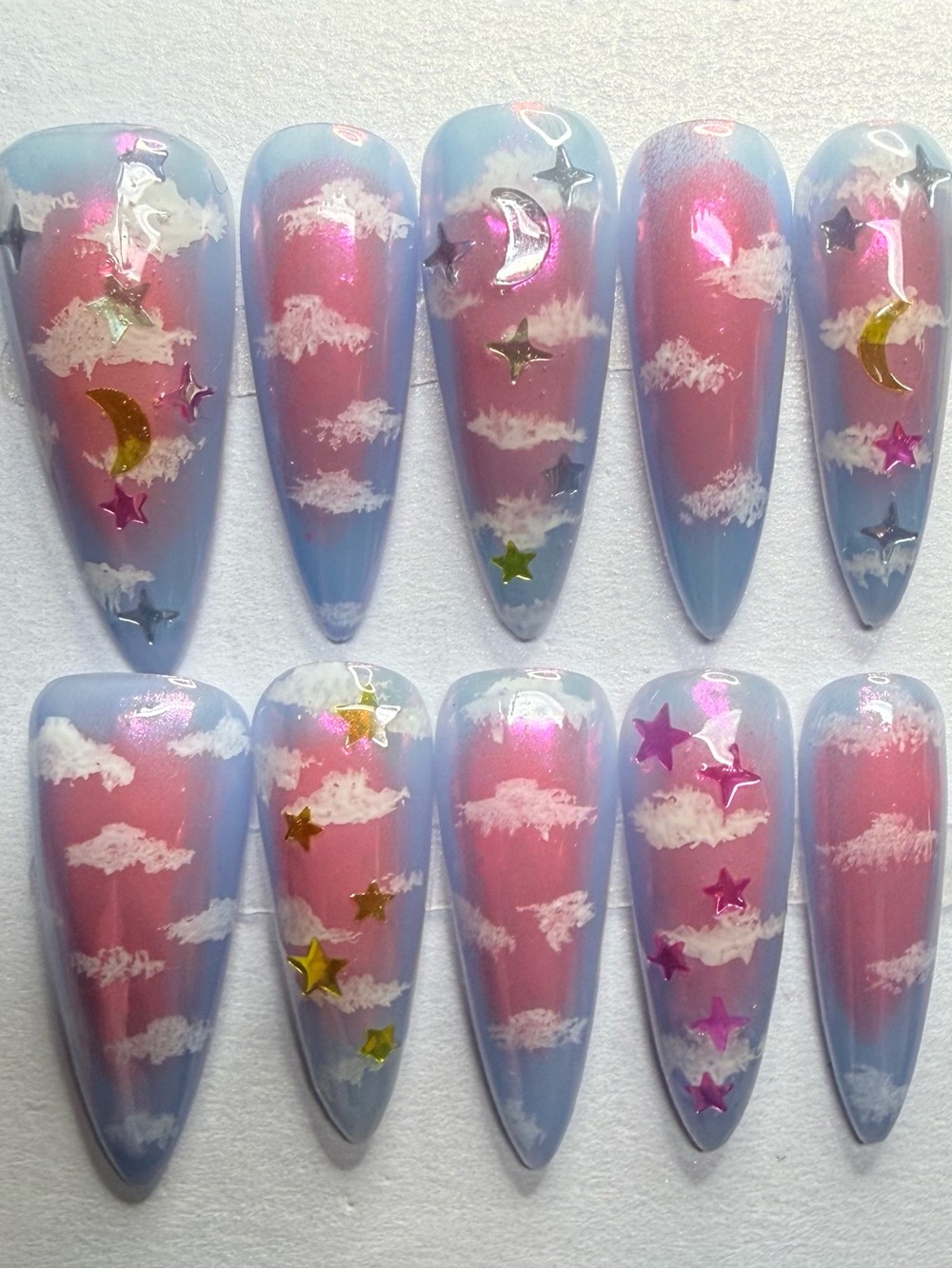 Long stiletto Starlit Pink & Blue Ombre Cloud Press-On Nails